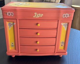 Lot #14 Hand Painted Wooden Jewelry Box Chest 4 Drawer Floral Shabby Chic Trinket Case