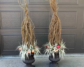 Lot #20 Pair Tall Decorative Twig Topiary Urn Planters Faux Pomegranate Floor Arrangements