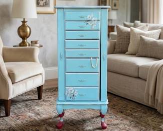 Lot #18 Shabby Chic Blue Jewelry Armoire Cabinet Standing Chest Organizer Floral Storage