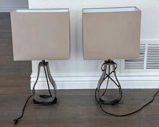 Lot #10 Pair Modern Bronze Metal Table Lamps Rectangular Fabric Shades 25” Tall