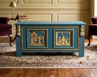 Lot #19 Carved Wood Storage Chest Blanket Trunk Blue Gold Relief Lift Top Cedar Chest Style