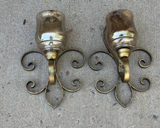 Lot #3 Pair Vintage Style Wall Sconces Smoke Glass Shades Scroll Metal Candle Style Lights