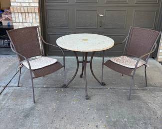 Lot #31 3 Pc Outdoor Patio Bistro Set Mosaic Tile Table 2 Metal Arm Chairs Cushions
