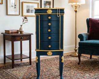 Lot #28 Blue Gold Jewelry Armoire Chest Cabinet 5 Drawer Hand Painted French Country
