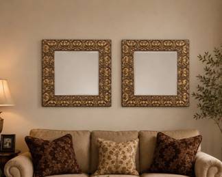 Lot #23 Pair Bombay Company Gold Wall Mirrors Floral Carved Wood Framed Decorative Set