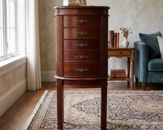 Lot #29 Wood Jewelry Armoire Chest Cabinet Lift Top Mirror 5 Drawer Cherry Finish Vintage