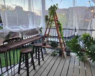 Custom Reclaimed Antique Painter’s Extension Platform Table & Antique Watling Ladder