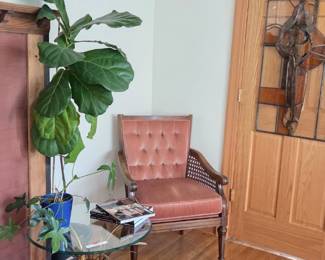 Cane chair, fiddle leaf fig, and Coco Chanel wheat sheaf table