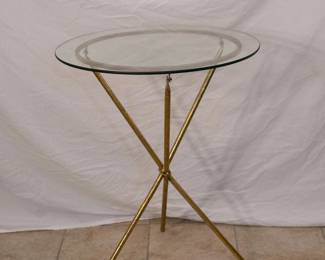 SET: Hollywood Regency foldable gold bistro table comes with a pair of salmon velvet Chromcraft chairs
