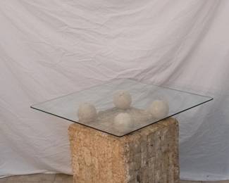 Vintage Post-modern Tessalated Mactan Stone Table, W/Glass Top, set of 2