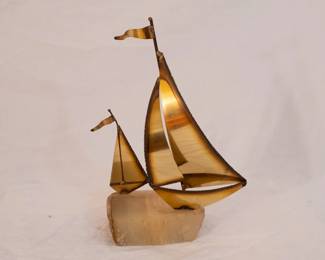 Mid-Century Modern Brass & Quartz Sailboat Sculpture by Jere DeMott, Usa, C. 1960's, unsigned