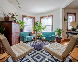 hidden bar, vintage Ken-Mar couch, Mies Van der Rohe chairs & much more!