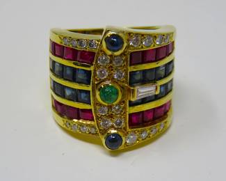 18k Gold, diamond, ruby & sapphire belt buckle ring