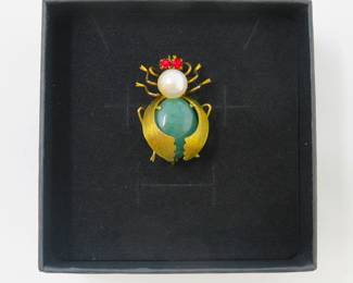14k jade, pearl & ruby beetle brooch