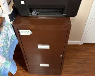 Office off kitchen - 2 drawer metal cabinet  & copier/printer