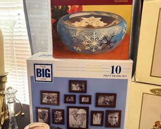Office off kitchen - picture set, candle holders,  & glass candle floater set