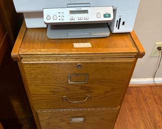Office off kitchen - w2 drawer wooden cabinet & Lexmark  