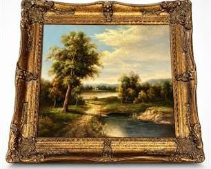 Lot 0739: Oil on Canvas Pastoral Landscape Signed F. Pisa, Gilt Frame — current bid $25