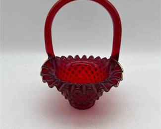 Lot 0590: Fenton Art Glass Ruby Red Hobnail Glass Basket (photo 2)