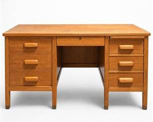 Lot 0660: Mid-Century Oak Double Pedestal Kneehole Office Desk — current bid $21