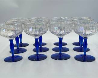 Lot 624: Set of Twelve Iridescent Optic Coupes with Cobalt Stems (photo 6)