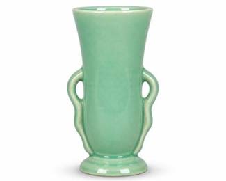 Lot 560: American Art Pottery Green Two-Handled Vase — current bid $21