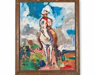 Lot 0732: Expressionist Cowboy on Horseback Oil Painting on Canvas — current bid $7