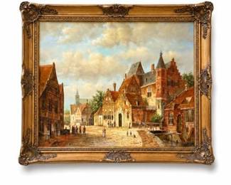 Lot 0716: Signed C. Angelo Dutch Street Scene Oil on Canvas Painting — current bid $14