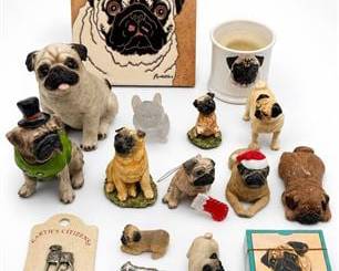 Lot 0241: Assembled Pug Collectibles, Resin, Pewter, Glass & Ceramic — current bid $9
