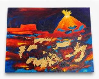 Lot 0773: Abstract Mixed-Media Painting on Canvas with Gold Leaf — current bid $5