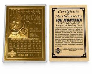 Lot 0757: Upper Deck 1995 Joe Montana 23KT Gold Foil Card — current bid $9