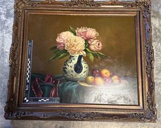 Lot 0702: Unsigned Oil on Canvas Still Life with Peonies and Fruit (photo 4)