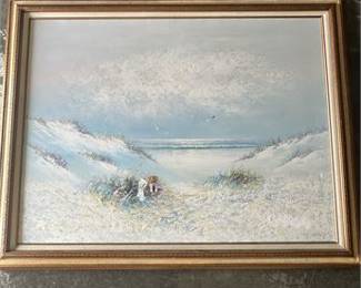 Lot 10066: Impasto Coastal Beach Scene Oil Painting, Gold-Toned Frame (photo 2)
