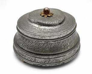 Lot 0593: Covered Metal Vanity Box With Pressed-Glass Liner and Finial — current bid $5