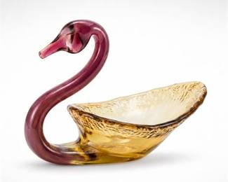 Lot 10008: Amber and Amethyst Arklahoma Art Glass Swan-Form Bowl — current bid $12