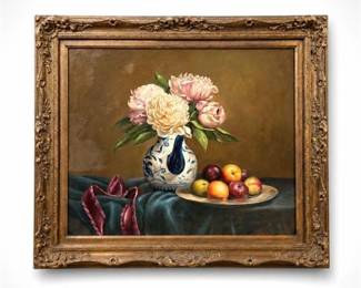 Lot 0702: Unsigned Oil on Canvas Still Life with Peonies and Fruit — current bid $28