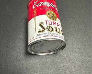 Lot 804: Campbell's 125th Anniversary Tomato Soup Tin Coin Bank — current bid $5