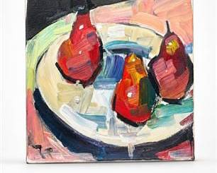 Lot 812: Jose Trujillo, "Pears," Oil on Canvas, 12 × 12 in. — current bid $22