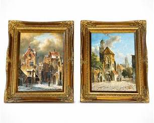 Lot 0714: R. Erickson Signed Dutch Street Scene Oil Paintings, Pair — current bid $31