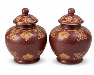 Lot 10068: Pair Chinese Maroon & Gilt Porcelain Lidded Ginger Jars — current bid $7