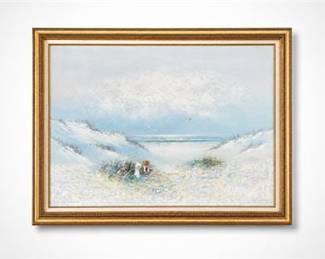 Lot 10066: Impasto Coastal Beach Scene Oil Painting, Gold-Toned Frame — current bid $39