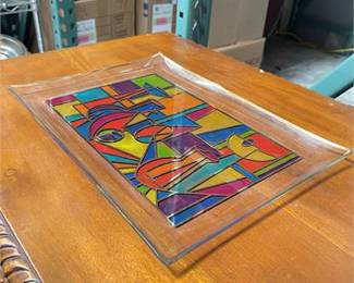 Lot 10012: Cubist-Style Still Life Stained-Glass-Style Art Glass Tray (photo 3)