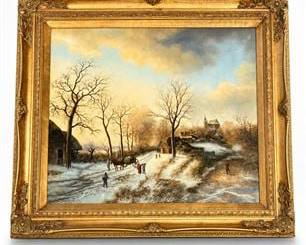 Lot 0722: Dutch-Style Winter Landscape Oil on Canvas, Framed — current bid $19
