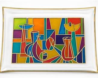 Lot 10012: Cubist-Style Still Life Stained-Glass-Style Art Glass Tray — current bid $13