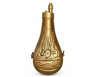 Lot 0904: 19th-Century Embossed Brass Powder Flask, Stand of Arms — current bid $12