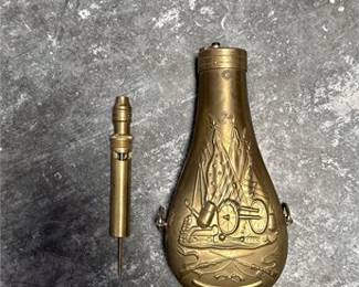 Lot 0904: 19th-Century Embossed Brass Powder Flask, Stand of Arms (photo 3)