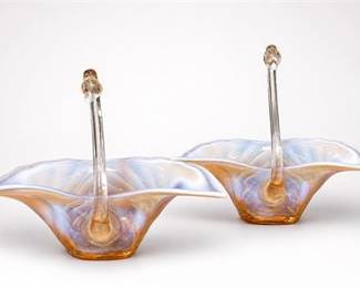 Lot 10014: Pair of Opalescent Art Glass Leaf Bowls with Handles — current bid $8