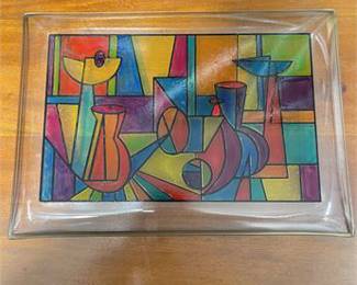 Lot 10012: Cubist-Style Still Life Stained-Glass-Style Art Glass Tray (photo 4)