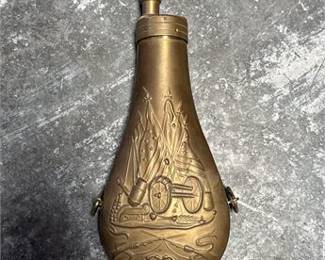 Lot 0904: 19th-Century Embossed Brass Powder Flask, Stand of Arms (photo 2)