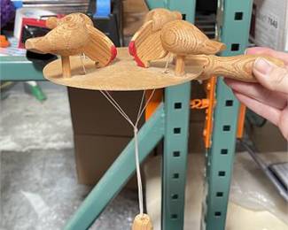 Lot 10044: Folk Art Carved Wood Pecking Birds Paddle Toy (photo 3)